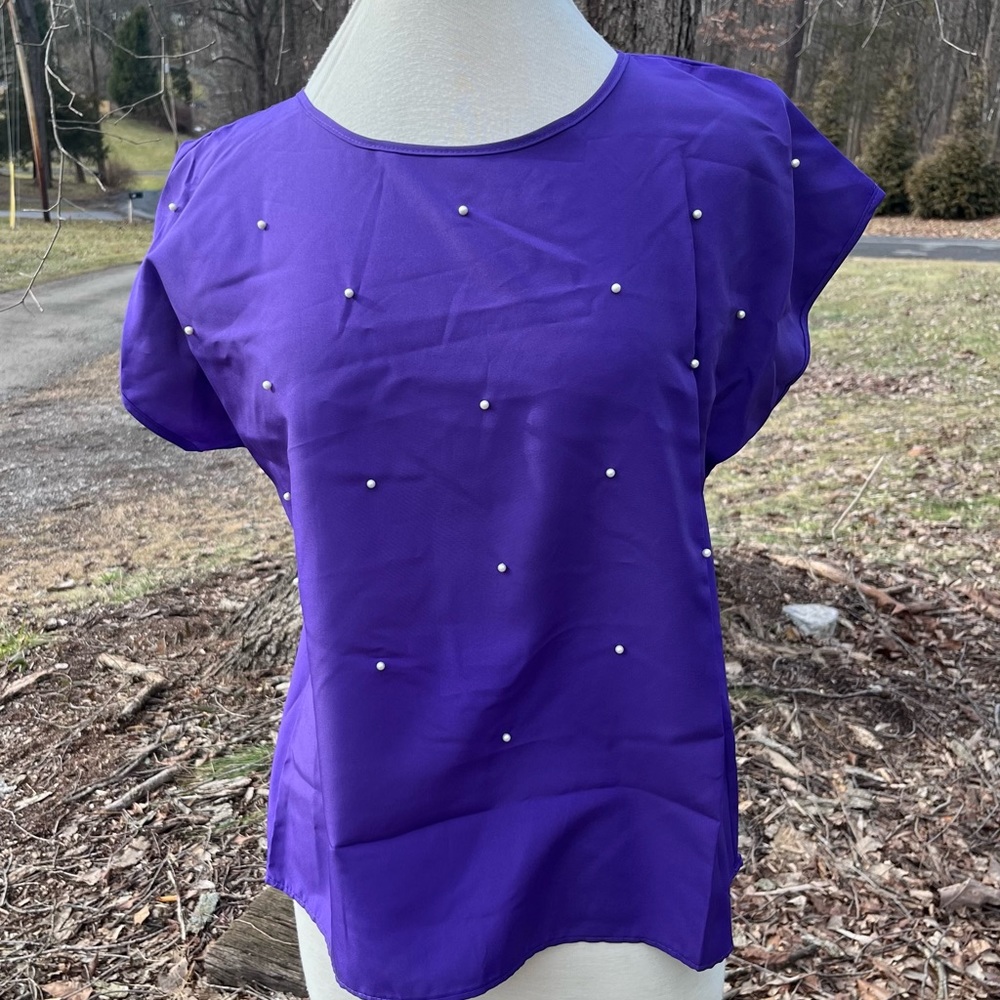 ORARE VINTAGE PURPLE BLOUSE WITH WHITE BEADED PEARL LIKE ACCENTS WOMENS 14